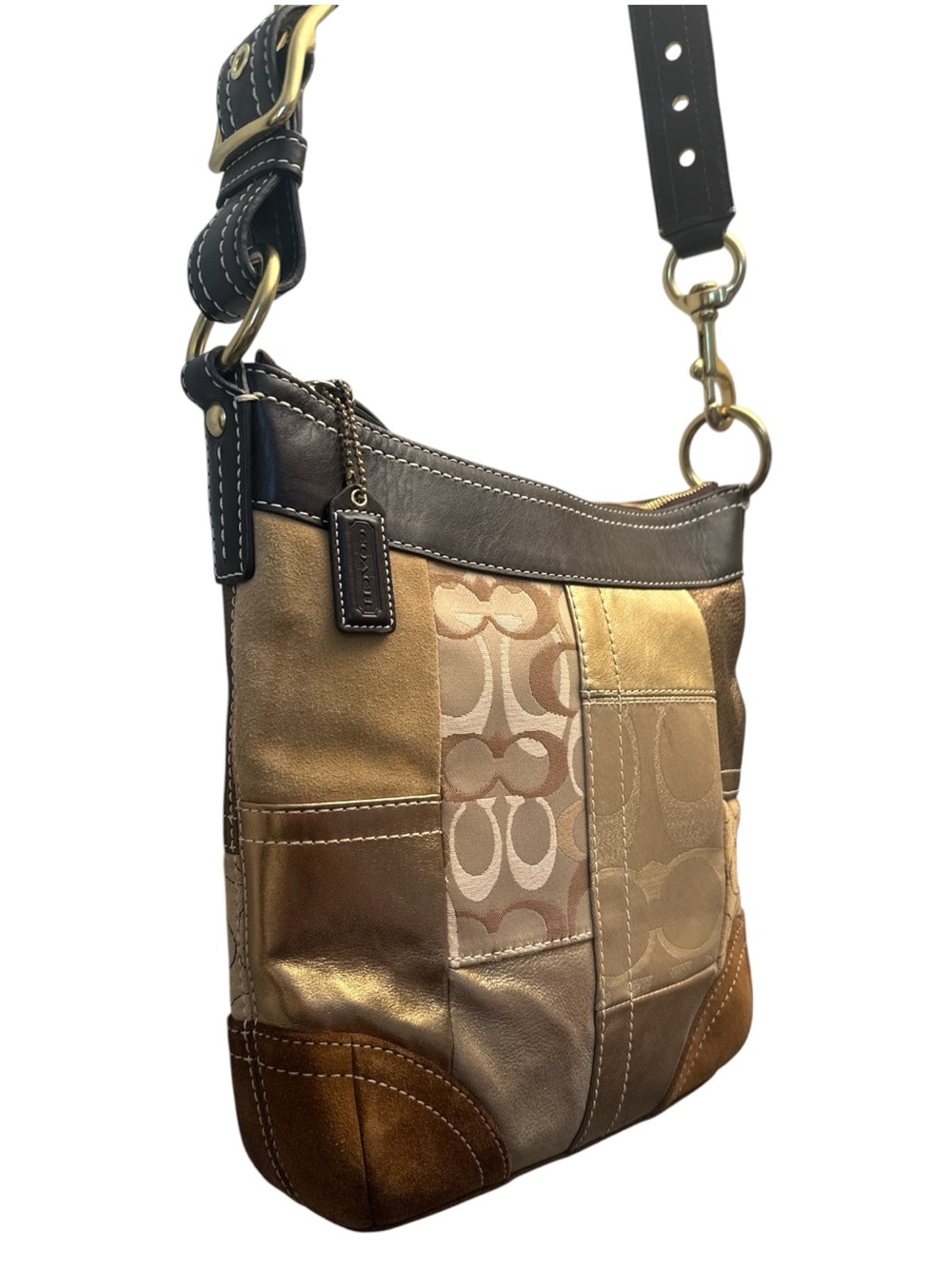 Coach Hobo Patchwork Signature Crossbody in Brown and Gold Tones - Picture 2 of 11